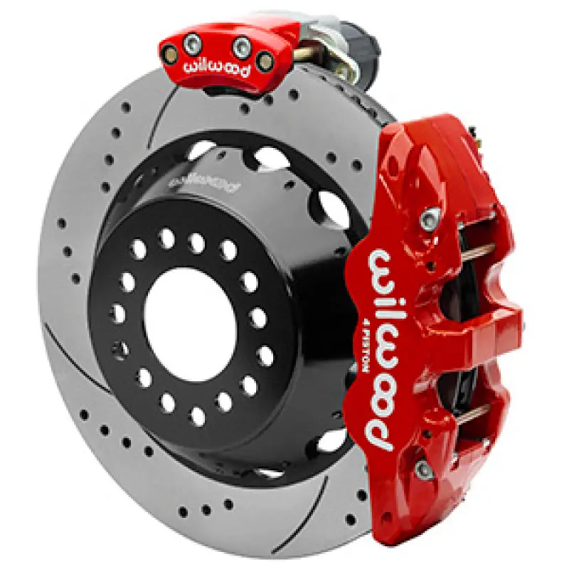 Wilwood AERO4 Rear Big Brake Electronic Parking Brake Kit Red Caliper Drilled Slotted Rotor