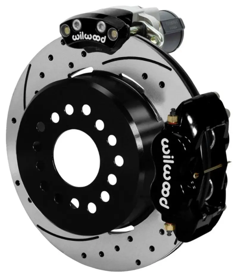 Wilwood Dynalite Rear Electronic Parking Brake Kit Black Caliper Drilled Slotted Rotor