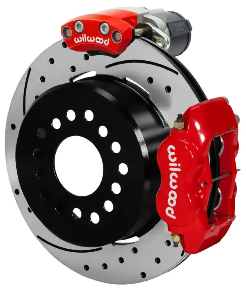 Wilwood Dynalite Rear Electronic Parking Brake Kit Red Caliper Drilled Slotted Rotor