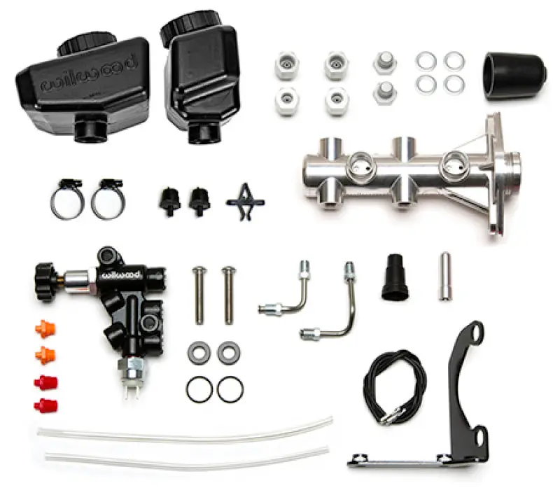 Wilwood Remote Tandem Master Cylinder Kit Bracket and Valve 1.12in Bore Burnished